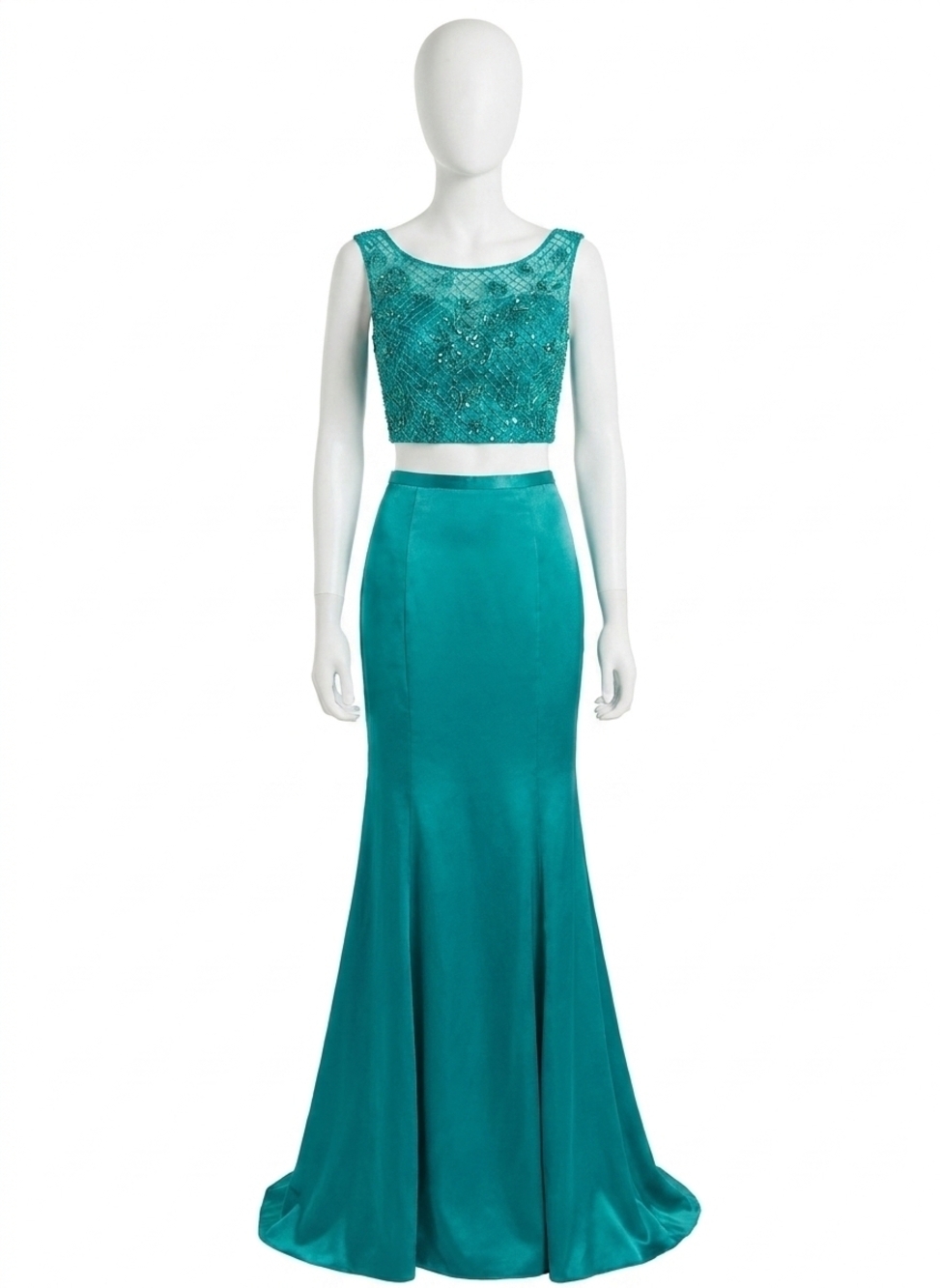 NEW RACHEL ALLAN stretch satin two-piece beaded gown in jade